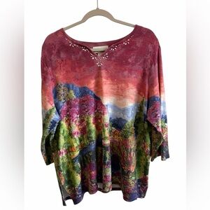 Alfred Dunner Scenic Mountain Cabin Blouse Size 1X Watercolor Novelty Print